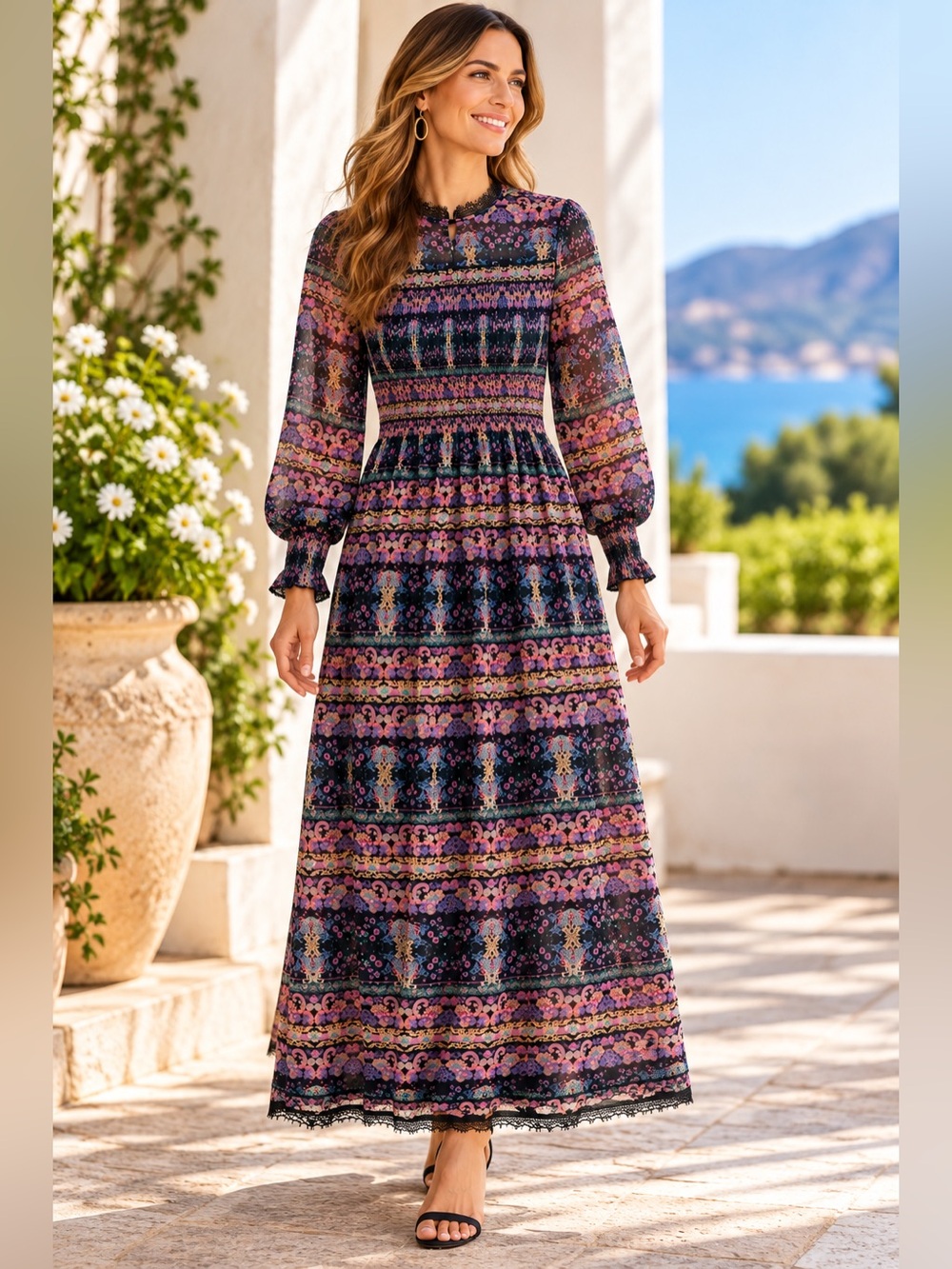 SUI by Anna Sui Smocked Paisley Floral Lace Trim Maxi Dress Size S